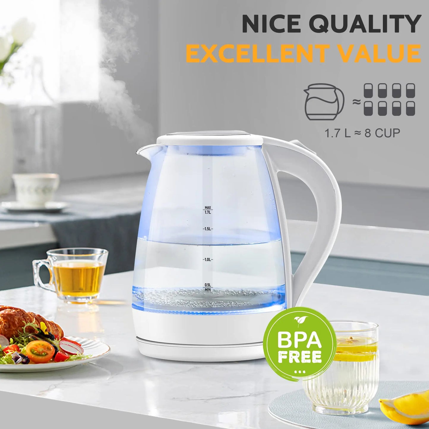 1.7L Borosilicate Glass Electric Kettle with LED Indicator, Fast Boiling Hot Water Boiler