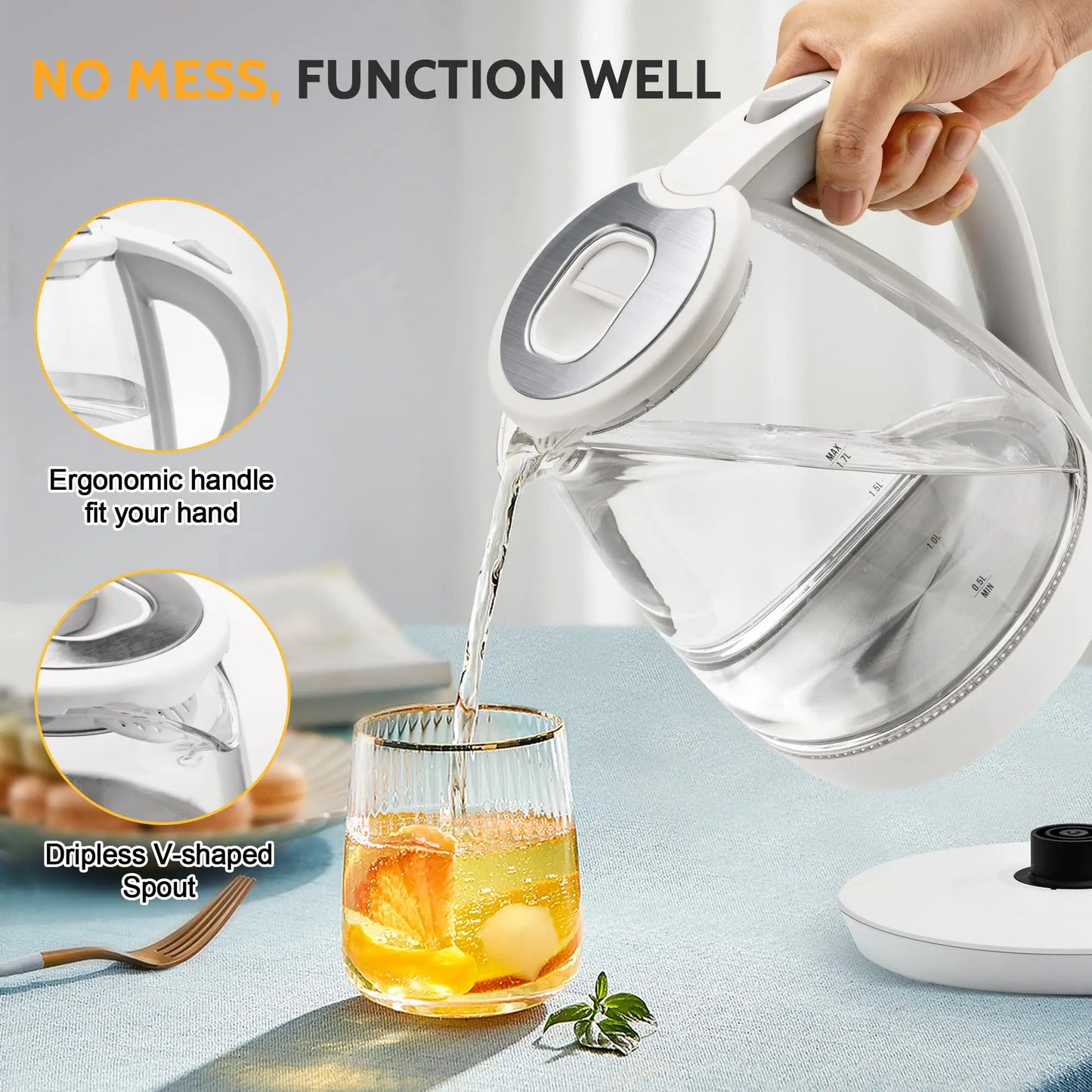 1.7L Borosilicate Glass Electric Kettle with LED Indicator, Fast Boiling Hot Water Boiler