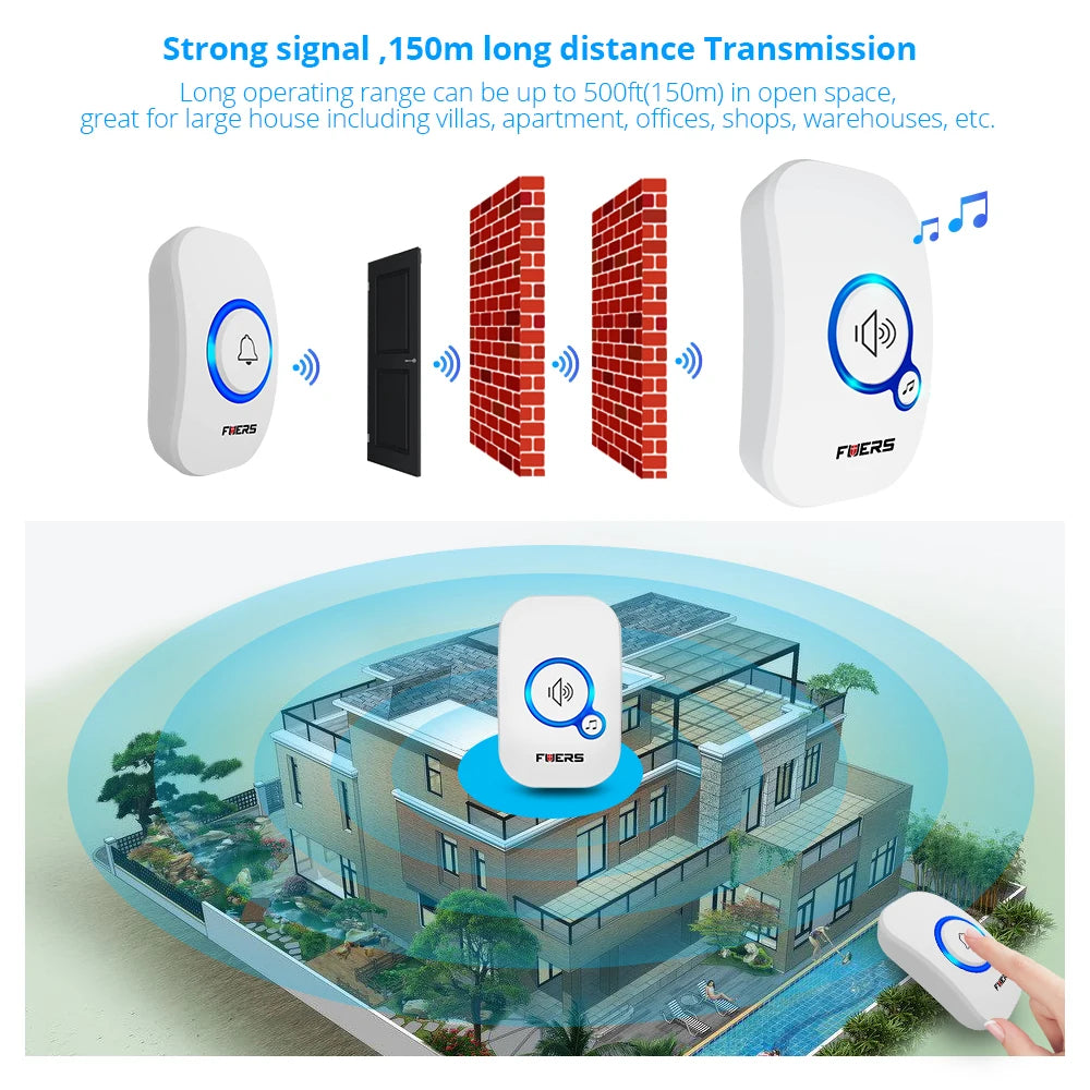 Fuers M557 Doorbell Waterproof Wireless Chime Home Doorbell Intelligent 32 Songs Smart Doorbell Alarm With Battery