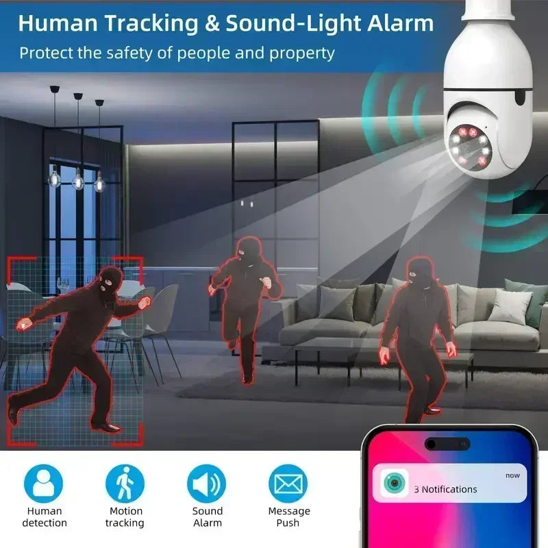 Bulb Camera 4X Digital Zoom AI Human Motion Detect Full Color Night Vision Surveillance Camera