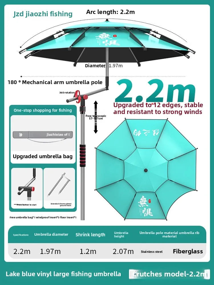 Parasol Fishing Umbrella Double-Layer Fold Outdoor Camping Beach Garden Windproof Sunscreen Fish Adjustable Pole Portable Rack
