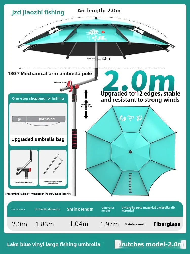 Parasol Fishing Umbrella Double-Layer Fold Outdoor Camping Beach Garden Windproof Sunscreen Fish Adjustable Pole Portable Rack