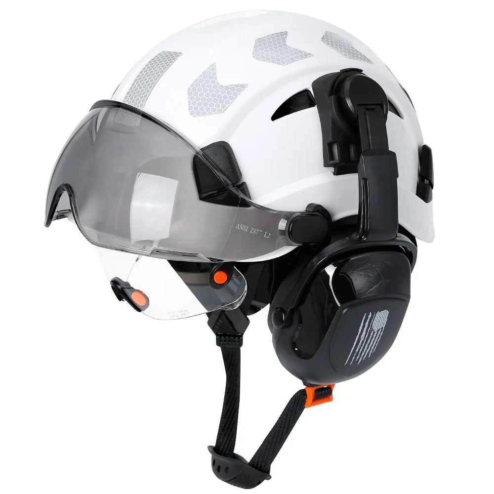 Safety Helmet With Visors Built In Goggles Earmuff Noise Reduction Stickers For Engineer ABS Hard Hat ANSI Industrial Work Cap