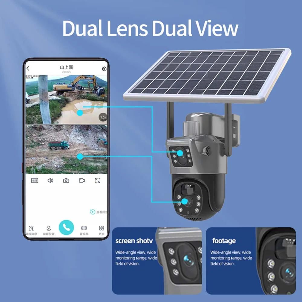 Wireless CCTV Surveillance Camera With Solar Panel Dual Lens PTZ IP Cam Security Protection