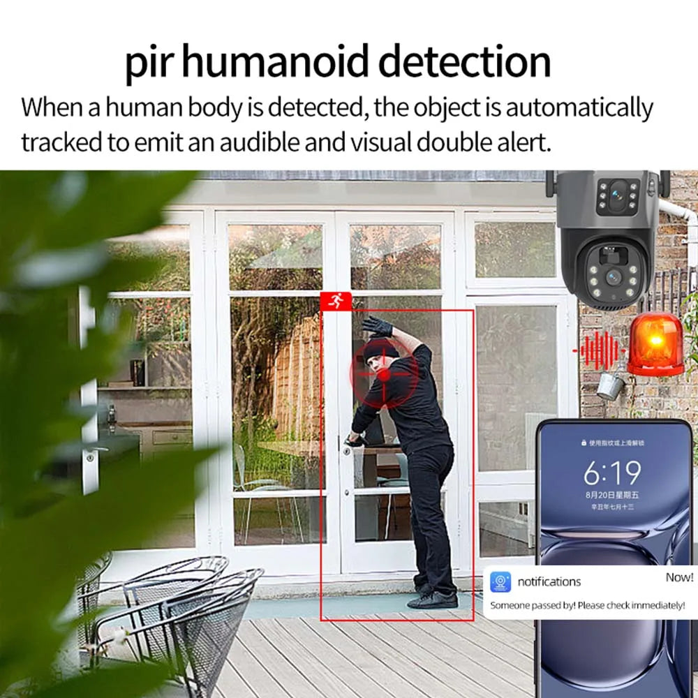 Wireless CCTV Surveillance Camera With Solar Panel Dual Lens PTZ IP Cam Security Protection