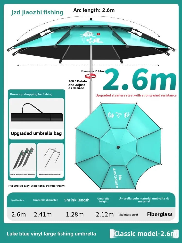 Parasol Fishing Umbrella Double-Layer Fold Outdoor Camping Beach Garden Windproof Sunscreen Fish Adjustable Pole Portable Rack