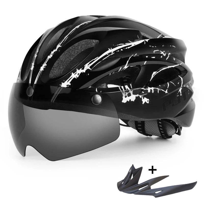 PJT Lightweight Breathable Goggles Bicycle Helmet 4 in 1 Bike Helmet With Sun Visor & Lens Free switching Adult Cycling Helmets