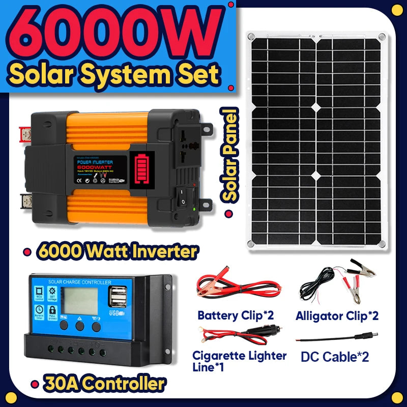 6000W Solar Power System Kit with Inverter Solar Charge Controller Panel and Cables for car and home