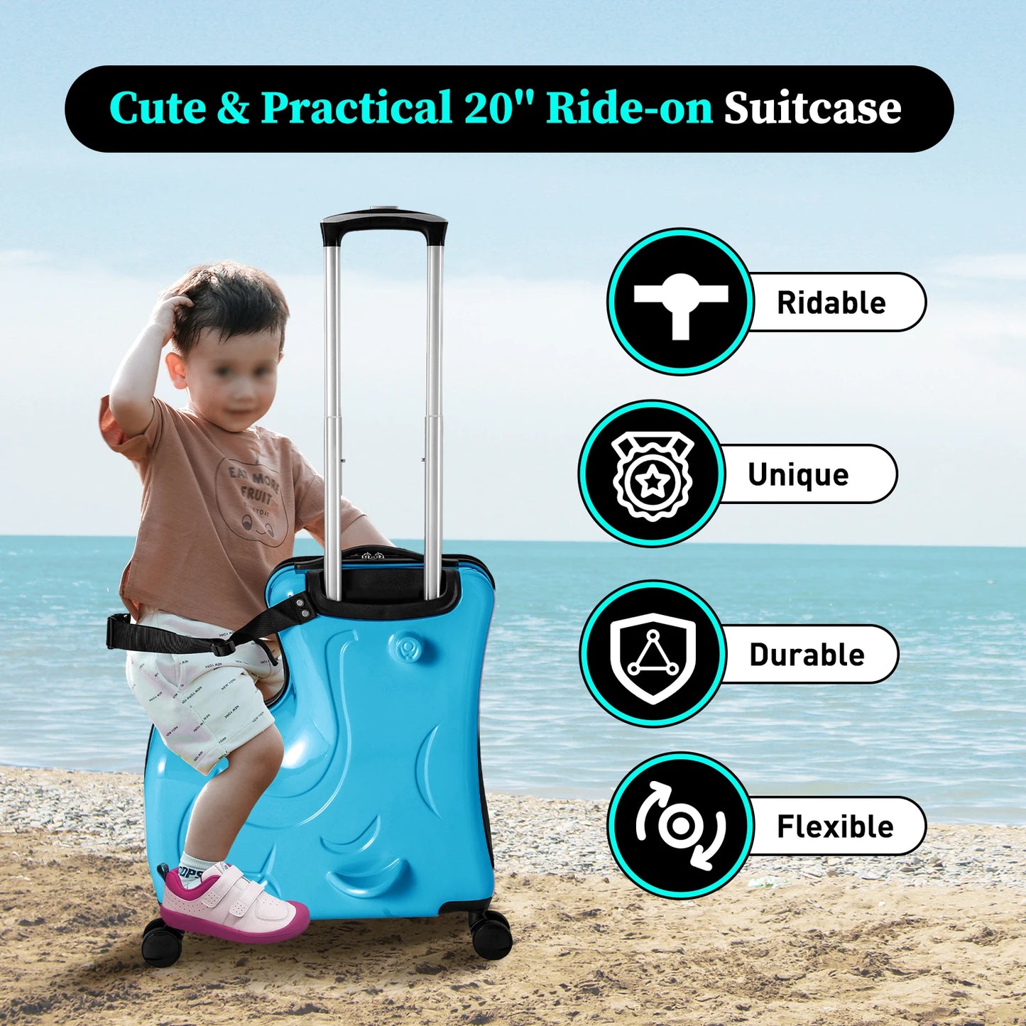 20INCH Kid's Ride-On Travel Suitcase, Rolling Luggage With Wheels With Password Lock