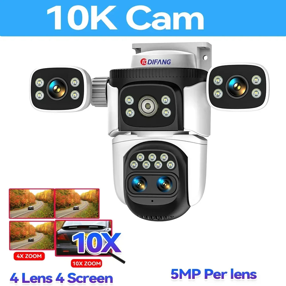 10K Home Security WiFi Camera Four Lens Four Screen 360° 10X Optical Zoom Wireless Surveillance IP Cam