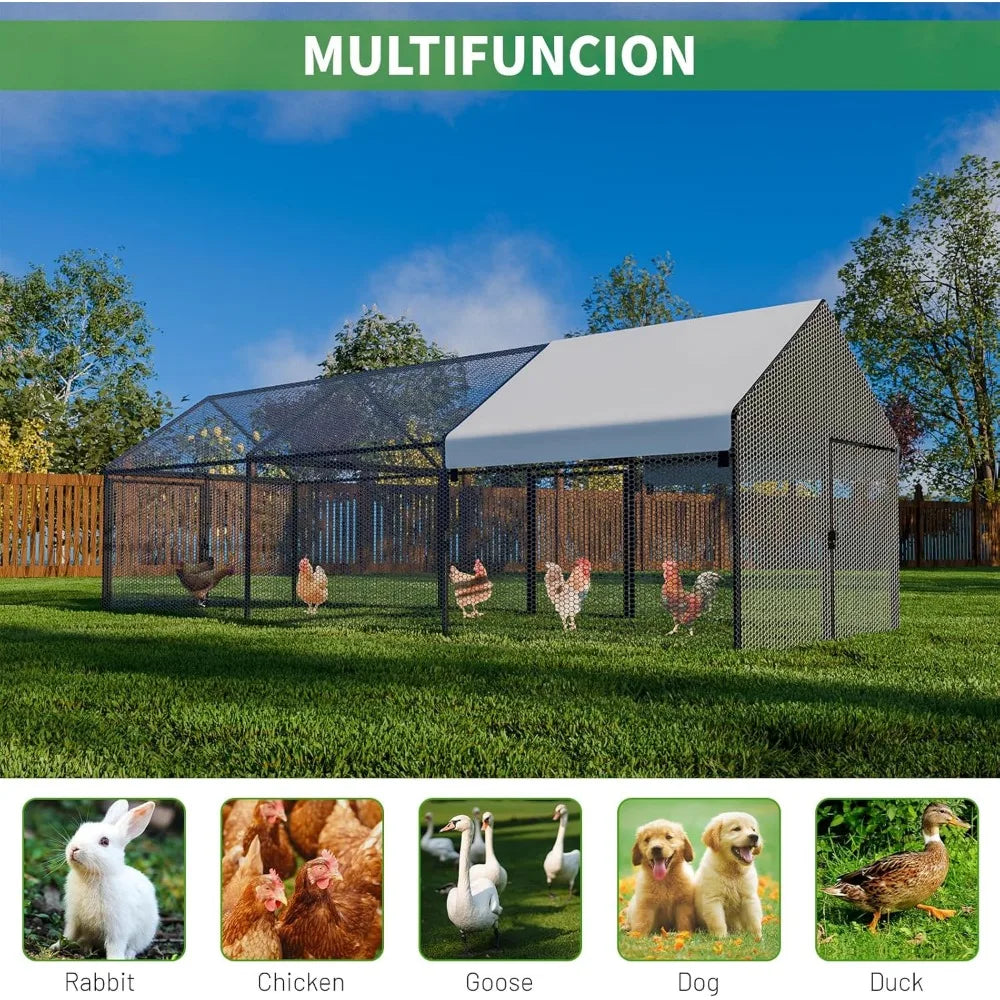 Metal Chicken Coop with Waterproof Cover, 118"x40"x40" Portable Poultry Cage, Outdoor Backyard Farm Walk-in Hen House for Chicke