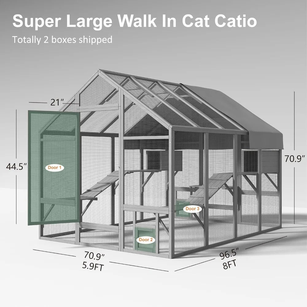 Catio Outdoor Cat Enclosure, Large Cat Catio for Multiple Cats with 7 Platforms, 2 Resting Box and 2 Bridges, Wooden Cat House C