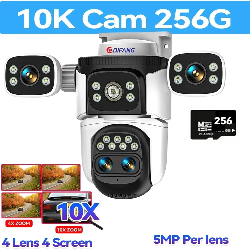10K Home Security WiFi Camera Four Lens Four Screen 360° 10X Optical Zoom Wireless Surveillance IP Cam