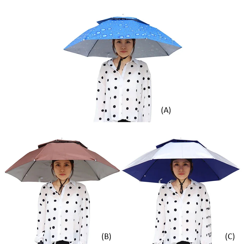 Portable Rain Umbrella Hat Foldable Outdoor Sun Shade Caps Waterproof Camping Fishing Headwear Cap Head-Mounted Beach Head Hats