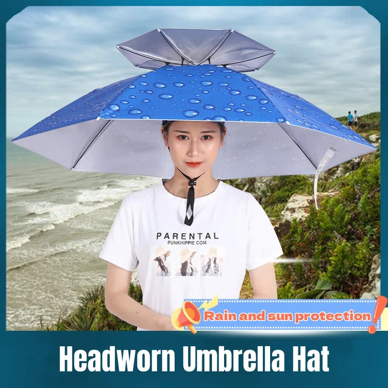 Portable Rain Umbrella Uv Protection Head Umbrella Hat Foldable Outdoor Travel Fishing Sunshade Waterproof Camping Cap Headwear