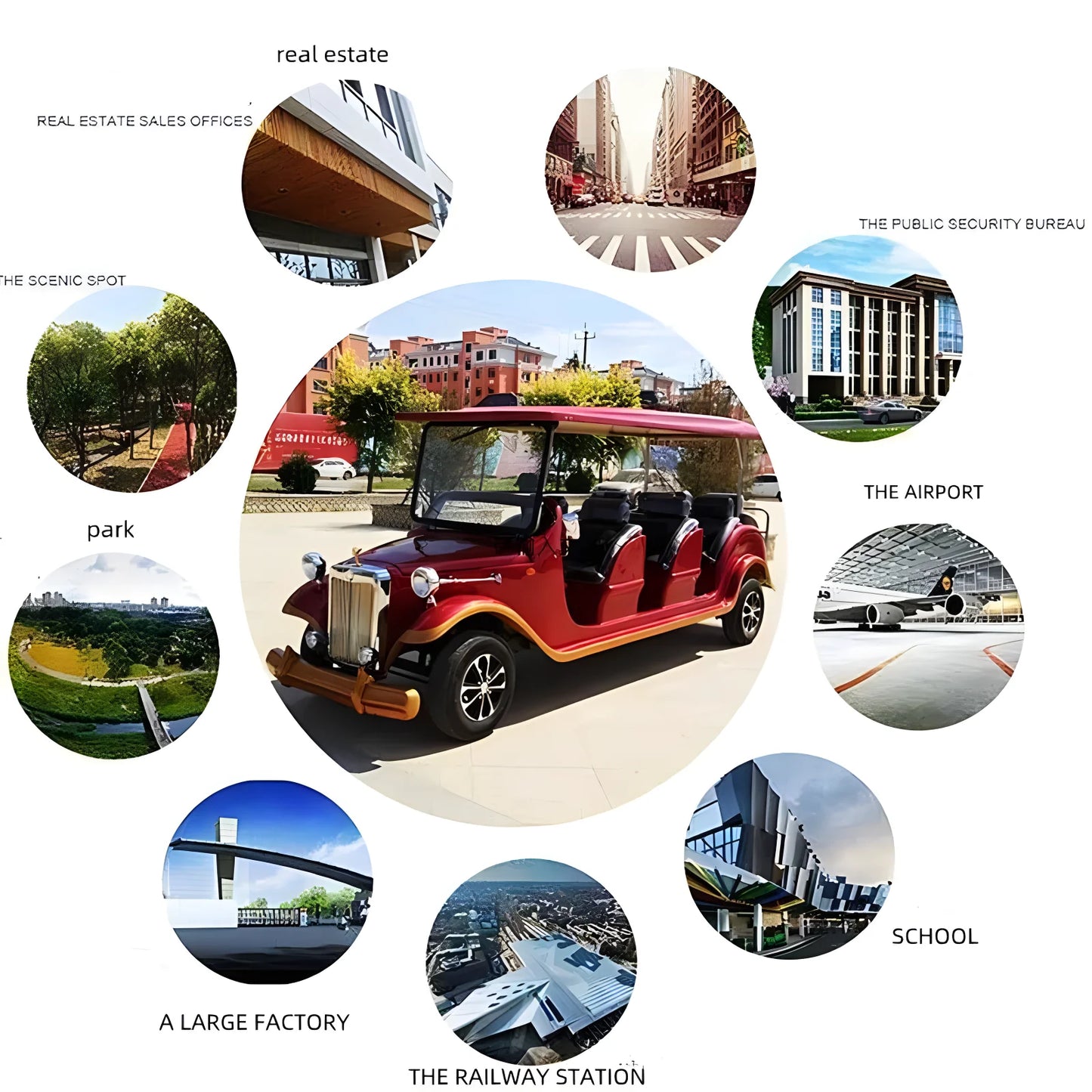 Luxury classic electric vintage car sightseeing shuttle bus, retro vintage car park, amusement park and scenic area shuttle bus