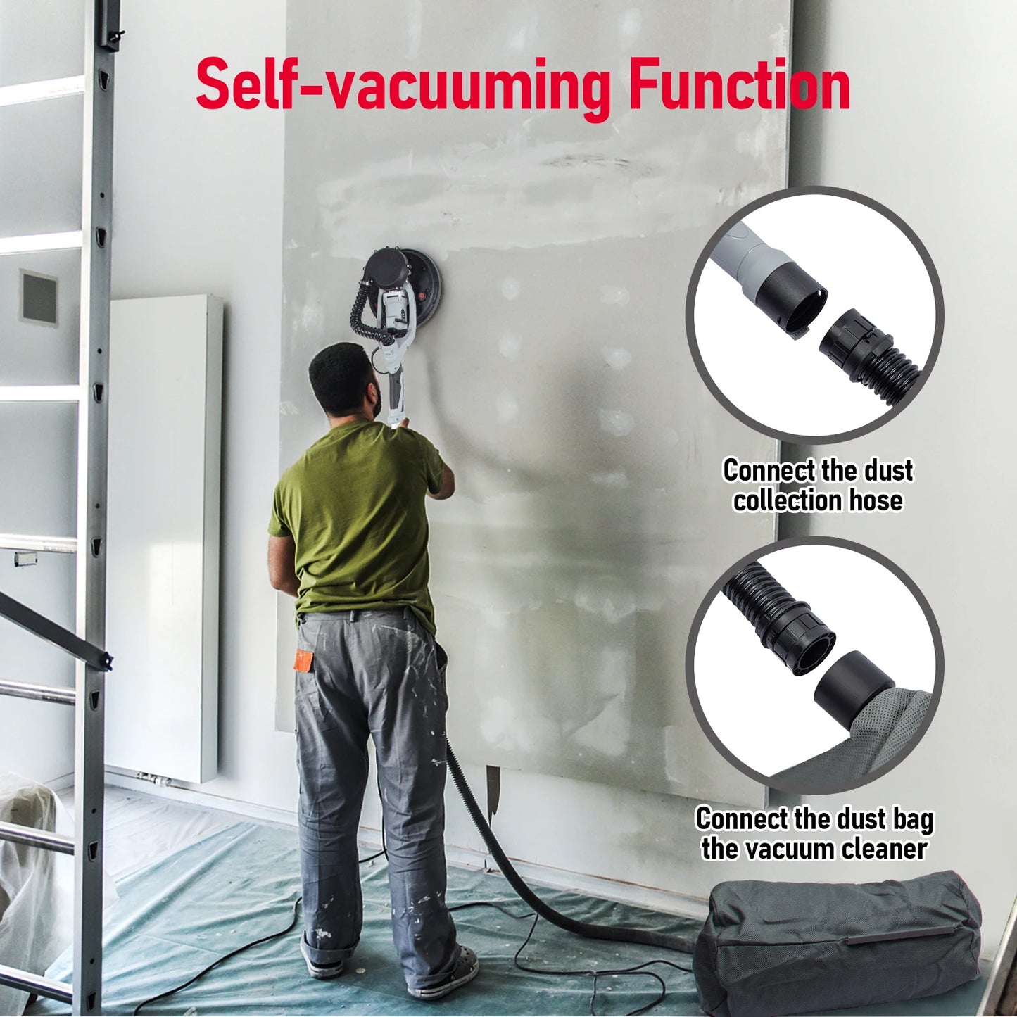 800W Electric Drywall Sander with Vacuum Dust, 6.5A Popcorn Ceiling Removal Tool Variable Speed 800-1800RPM With LED Light