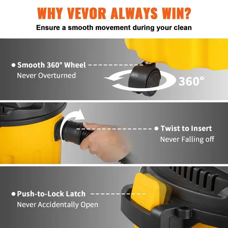 VEVOR Wet Dry Vac, Max 8 Gallon 3 in 1 Shop Vacuum with Blowing Function, with Attachments to Clean Floor Upholstery Gap Car