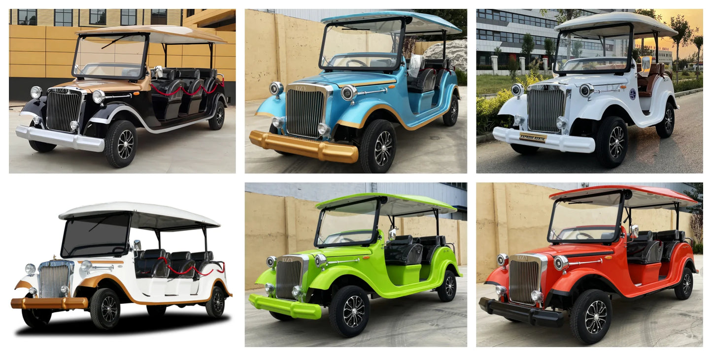 Luxury classic electric vintage car sightseeing shuttle bus, retro vintage car park, amusement park and scenic area shuttle bus