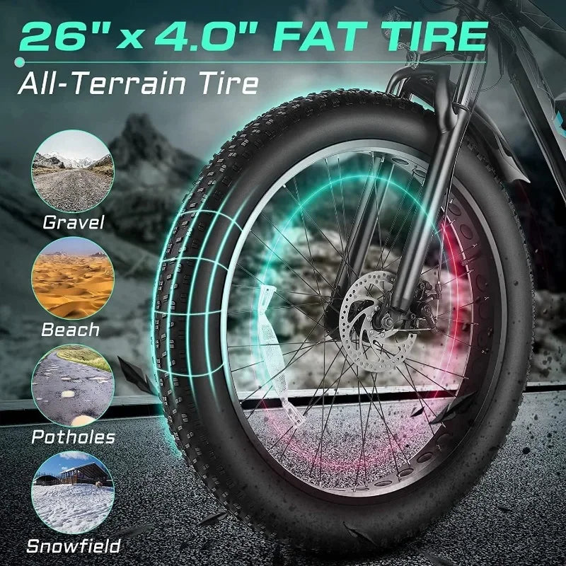 26" x 4.0 Fat Tire Electric Bike with 48V 13Ah Removable Battery, 7 Speed, 25MPH, Cruise Control