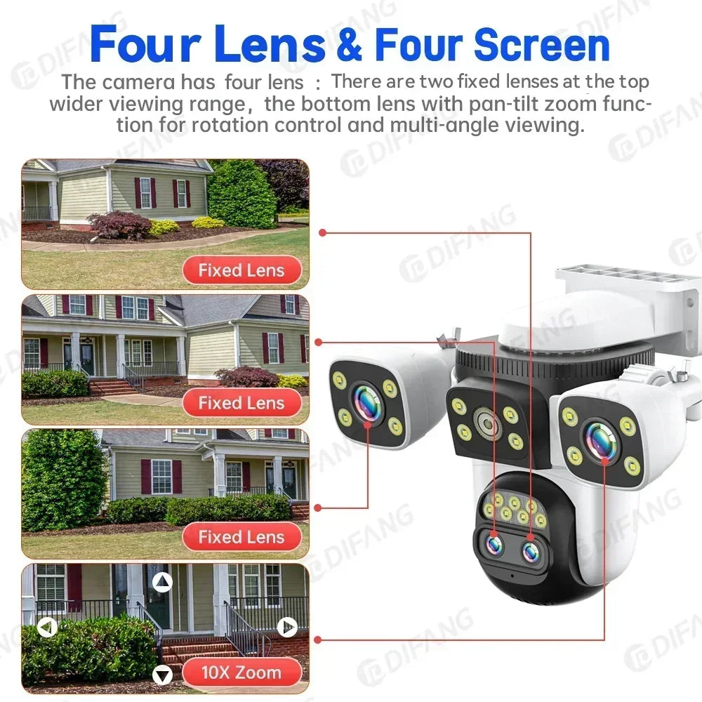 10K Home Security WiFi Camera Four Lens Four Screen 360° 10X Optical Zoom Wireless Surveillance IP Cam