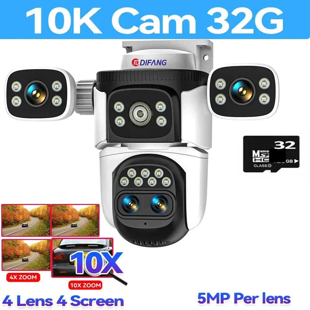 10K Home Security WiFi Camera Four Lens Four Screen 360° 10X Optical Zoom Wireless Surveillance IP Cam