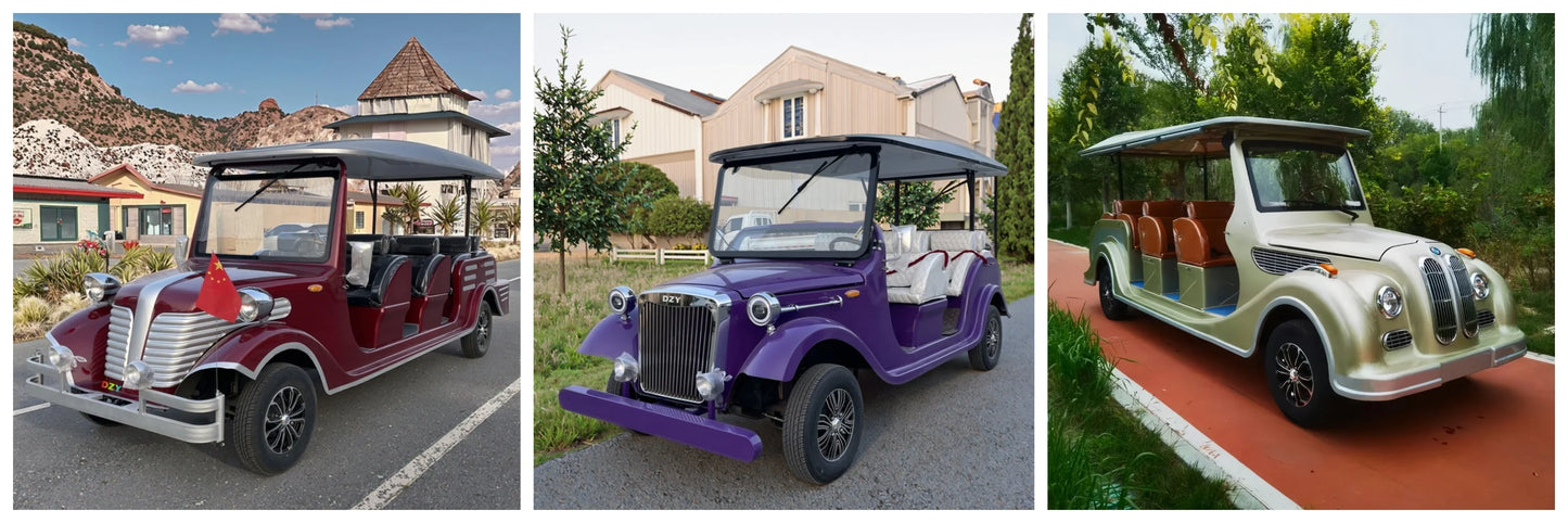 Luxury classic electric vintage car sightseeing shuttle bus, retro vintage car park, amusement park and scenic area shuttle bus