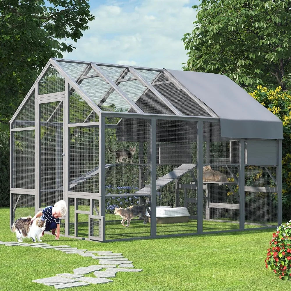 Catio Outdoor Cat Enclosure, Large Cat Catio for Multiple Cats with 7 Platforms, 2 Resting Box and 2 Bridges, Wooden Cat House C