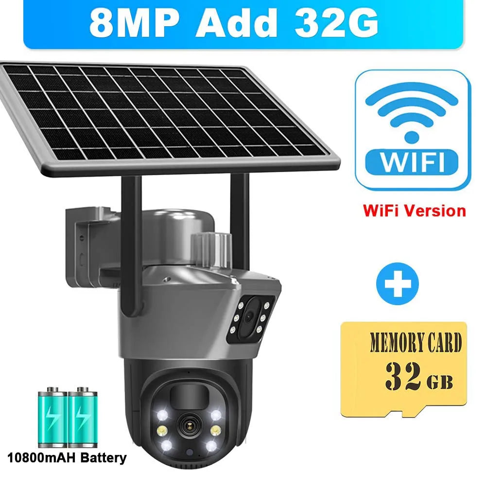 Wireless CCTV Surveillance Camera With Solar Panel Dual Lens PTZ IP Cam Security Protection