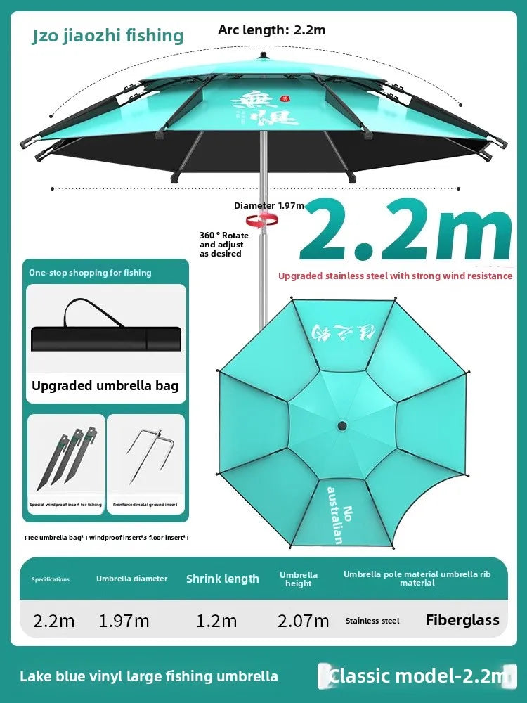 Parasol Fishing Umbrella Double-Layer Fold Outdoor Camping Beach Garden Windproof Sunscreen Fish Adjustable Pole Portable Rack