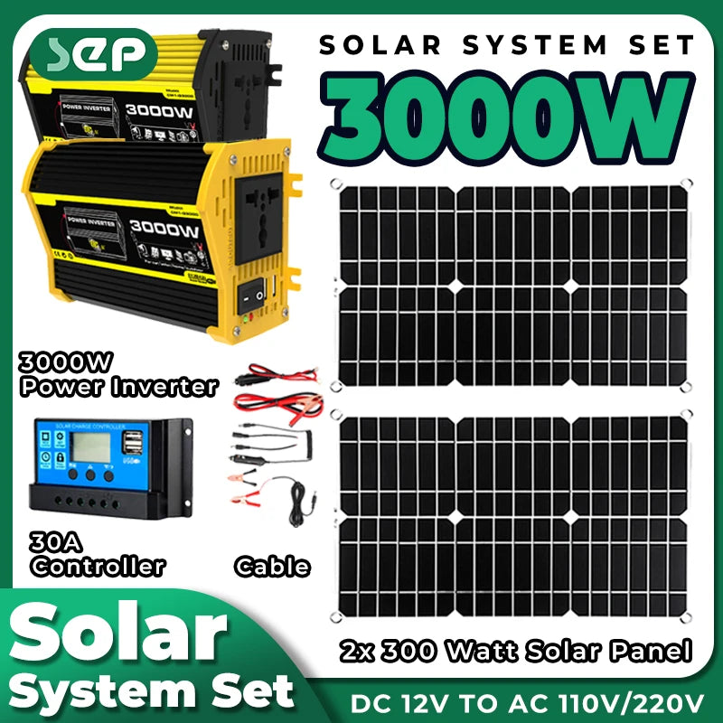3000W Power Inverter 12v solar plate to charge battery 30A Solar Controller Power bank RV Car