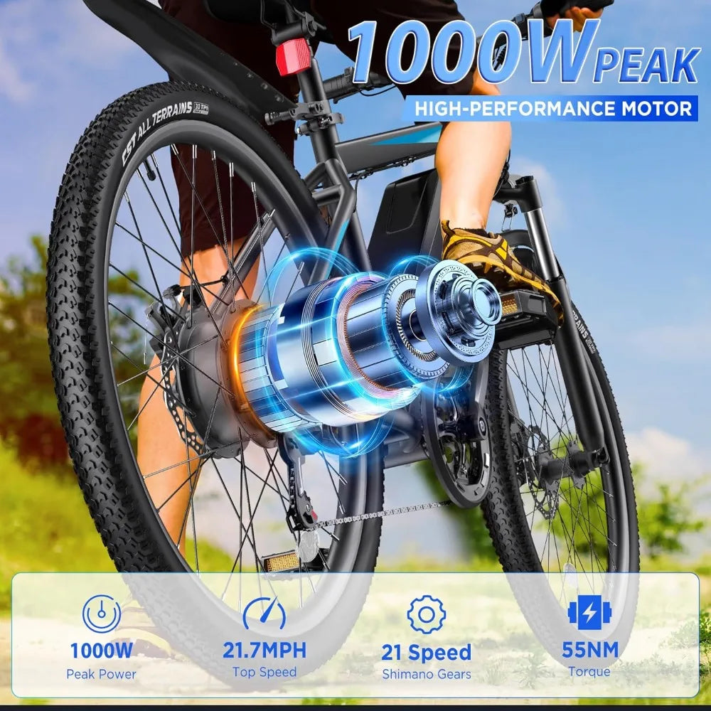 Electric Bike for Adults, 26'' 1000W Peak Up to 50 Miles 21.7MPH with 48V 374.4WH Removable Battery
