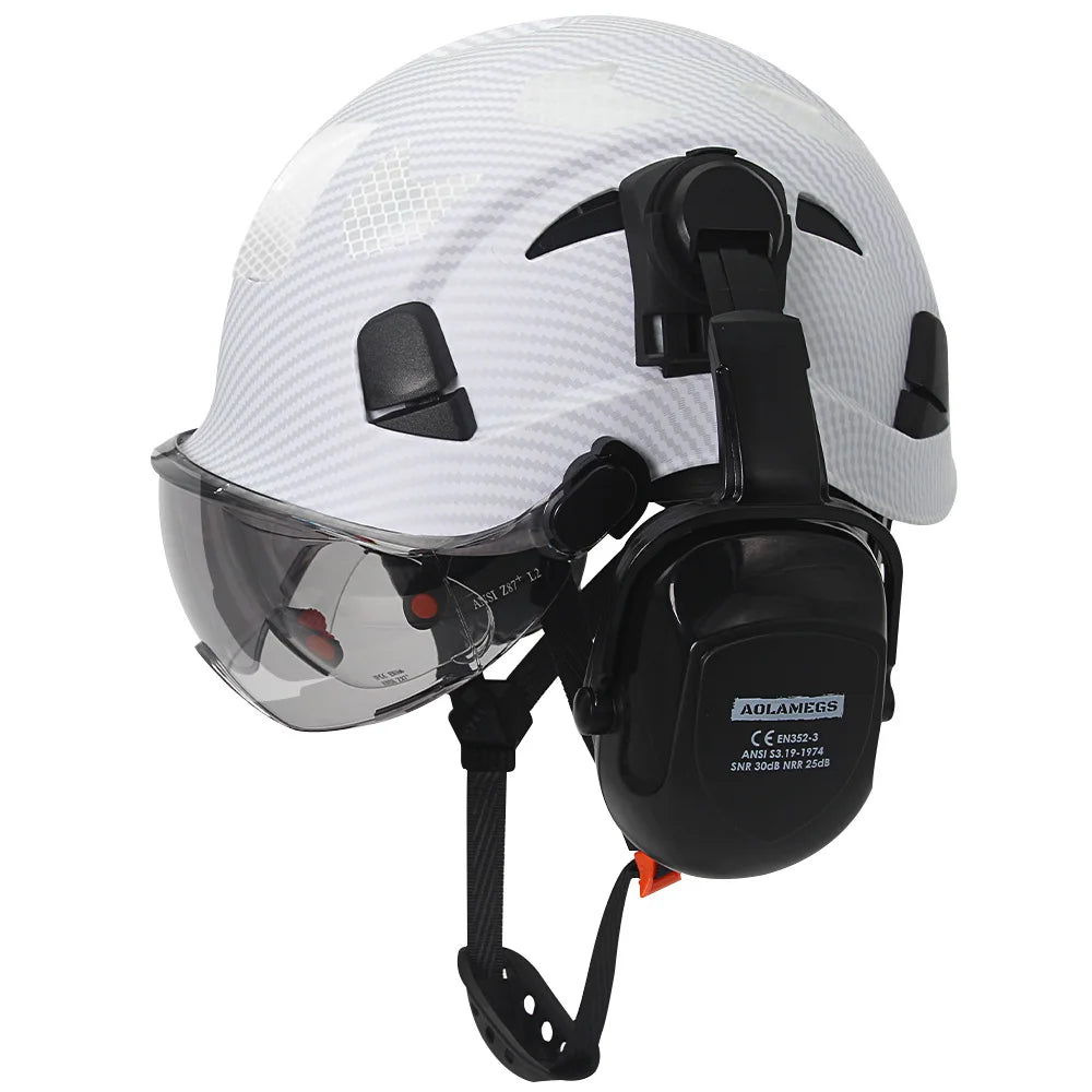 Safety Helmet With Visors Built In Goggles Earmuff Noise Reduction Stickers For Engineer ABS Hard Hat ANSI Industrial Work Cap