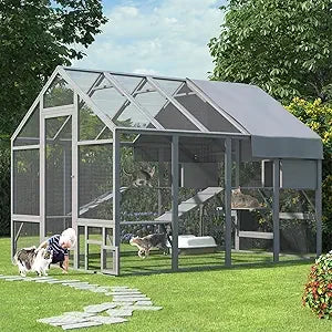 Catio Outdoor Cat Enclosure, Large Cat Catio for Multiple Cats with 7 Platforms, 2 Resting Box and 2 Bridges, Wooden Cat House C