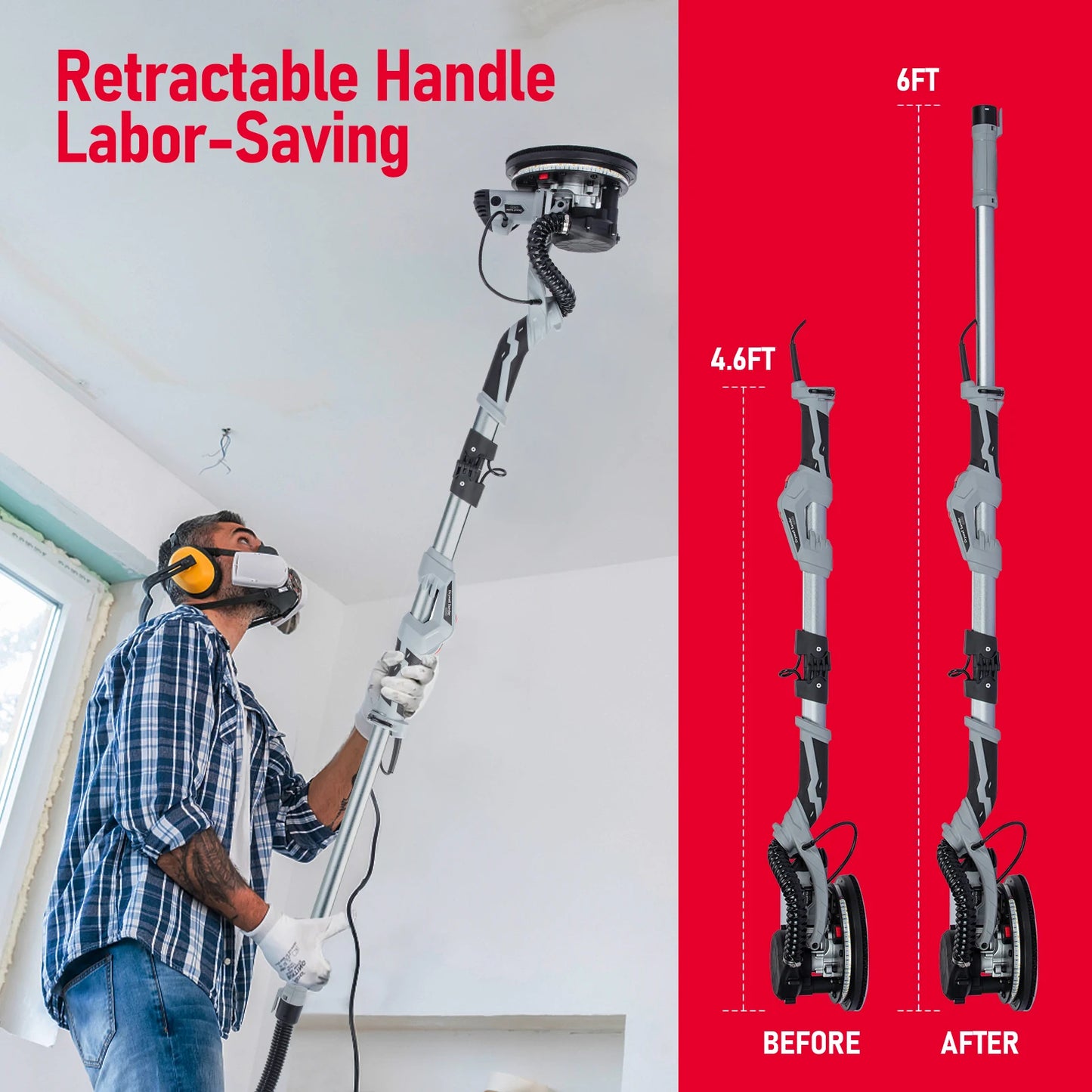 800W Electric Drywall Sander with Vacuum Dust, 6.5A Popcorn Ceiling Removal Tool Variable Speed 800-1800RPM With LED Light