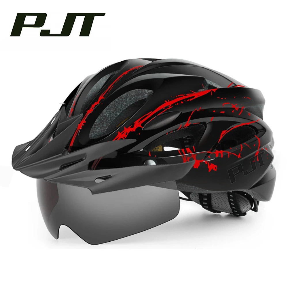 PJT Lightweight Breathable Goggles Bicycle Helmet 4 in 1 Bike Helmet With Sun Visor & Lens Free switching Adult Cycling Helmets