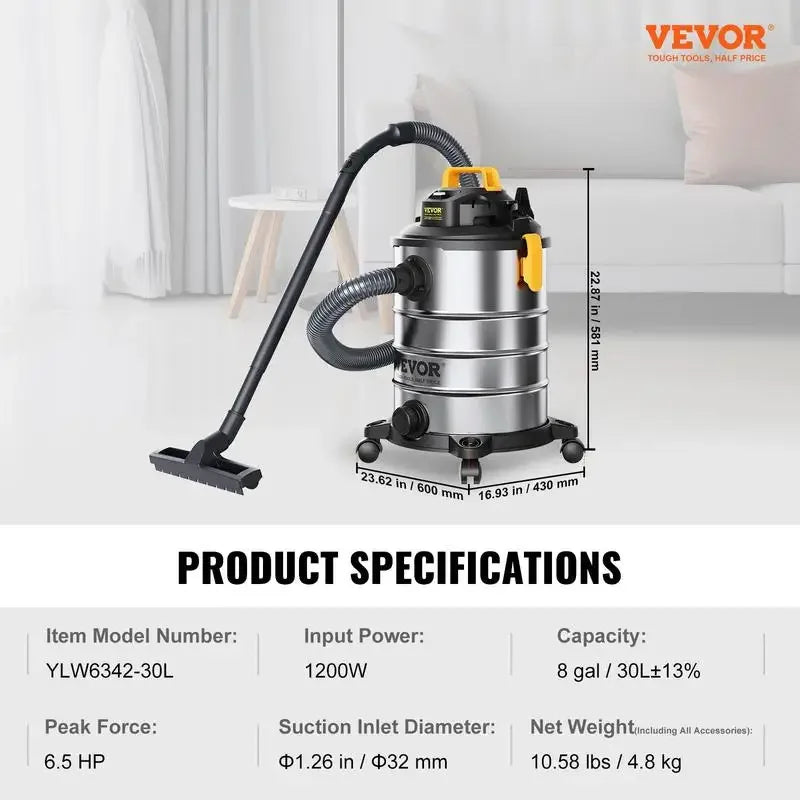 VEVOR Wet Dry Vac, Max 8 Gallon 3 in 1 Shop Vacuum with Blowing Function, with Attachments to Clean Floor Upholstery Gap Car