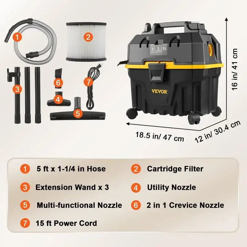 VEVOR Wet Dry Vac, Max 8 Gallon 3 in 1 Shop Vacuum with Blowing Function, with Attachments to Clean Floor Upholstery Gap Car