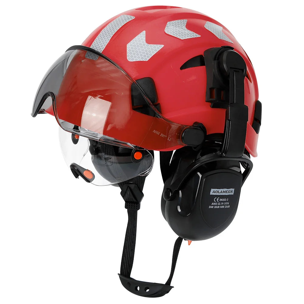 Safety Helmet With Visors Built In Goggles Earmuff Noise Reduction Stickers For Engineer ABS Hard Hat ANSI Industrial Work Cap