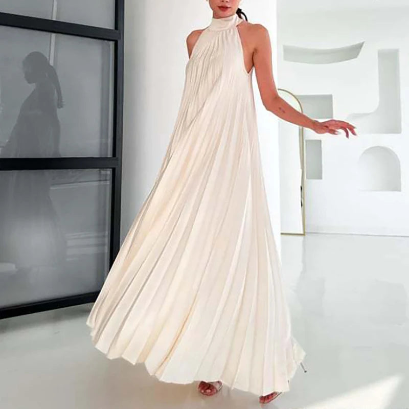 Spring Female Halter Slim Banquet Long Dress Women Sexy Off Shoulder Gala Dress New 2025 Elegant Solid Swing Loose Party Dress