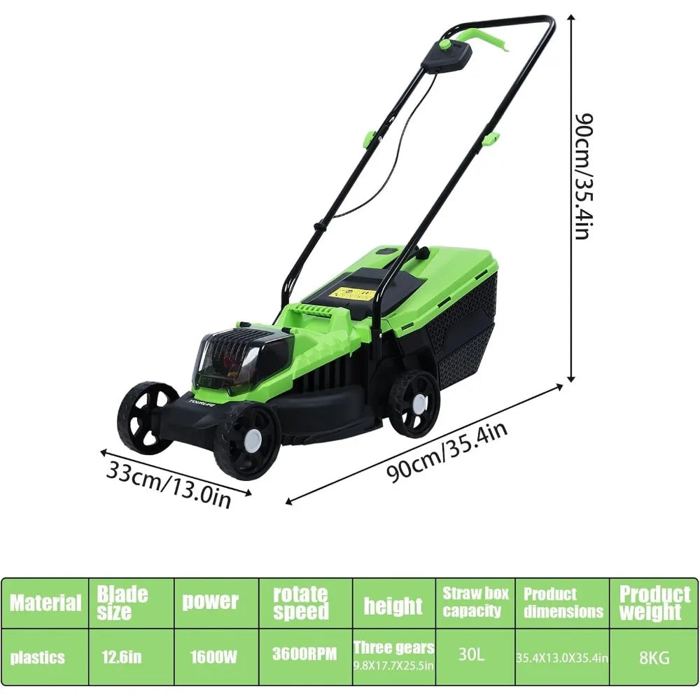 Cordless Lawn Mower, 1600W 3600Rpm Electric Mower with Adjustable Height | Self-Propelled Push Mower for Easy Yard Work