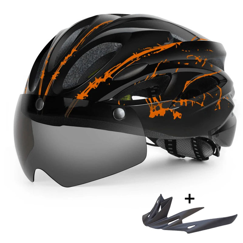 PJT Lightweight Breathable Goggles Bicycle Helmet 4 in 1 Bike Helmet With Sun Visor & Lens Free switching Adult Cycling Helmets