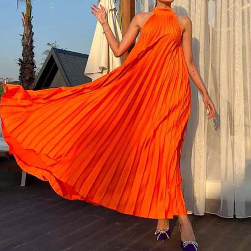 Spring Female Halter Slim Banquet Long Dress Women Sexy Off Shoulder Gala Dress New 2025 Elegant Solid Swing Loose Party Dress