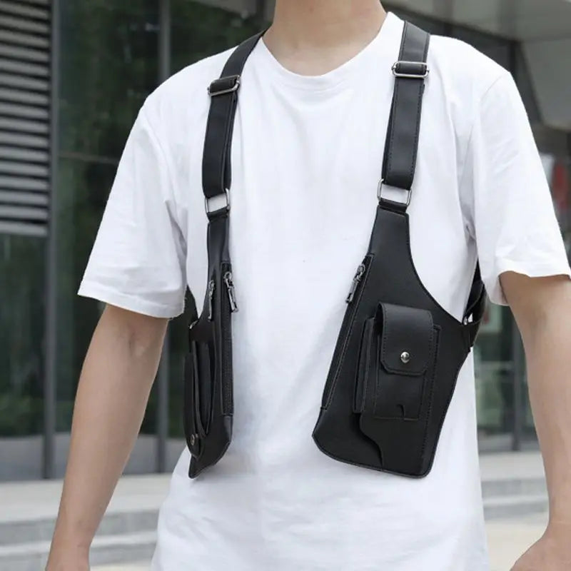 Outdoor Anti-theft Tactical Bag Men Retro Double Shoulder Strap Multi-pocket Crossbody Bags PU Waterproof Phone Bag Chest Bags