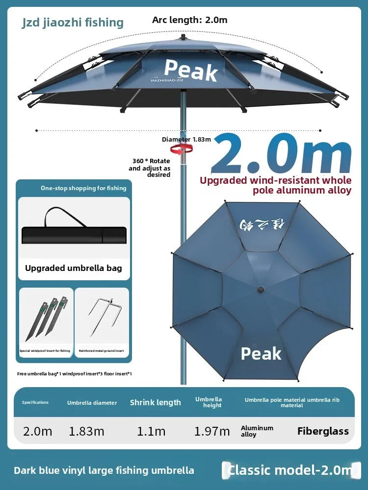 Parasol Fishing Umbrella Double-Layer Fold Outdoor Camping Beach Garden Windproof Sunscreen Fish Adjustable Pole Portable Rack