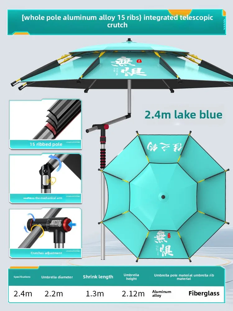 Parasol Fishing Umbrella Double-Layer Fold Outdoor Camping Beach Garden Windproof Sunscreen Fish Adjustable Pole Portable Rack