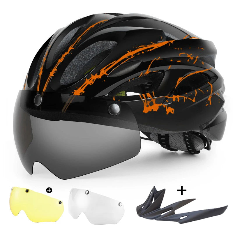 PJT Lightweight Breathable Goggles Bicycle Helmet 4 in 1 Bike Helmet With Sun Visor & Lens Free switching Adult Cycling Helmets