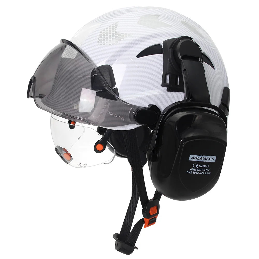 Safety Helmet With Visors Built In Goggles Earmuff Noise Reduction Stickers For Engineer ABS Hard Hat ANSI Industrial Work Cap
