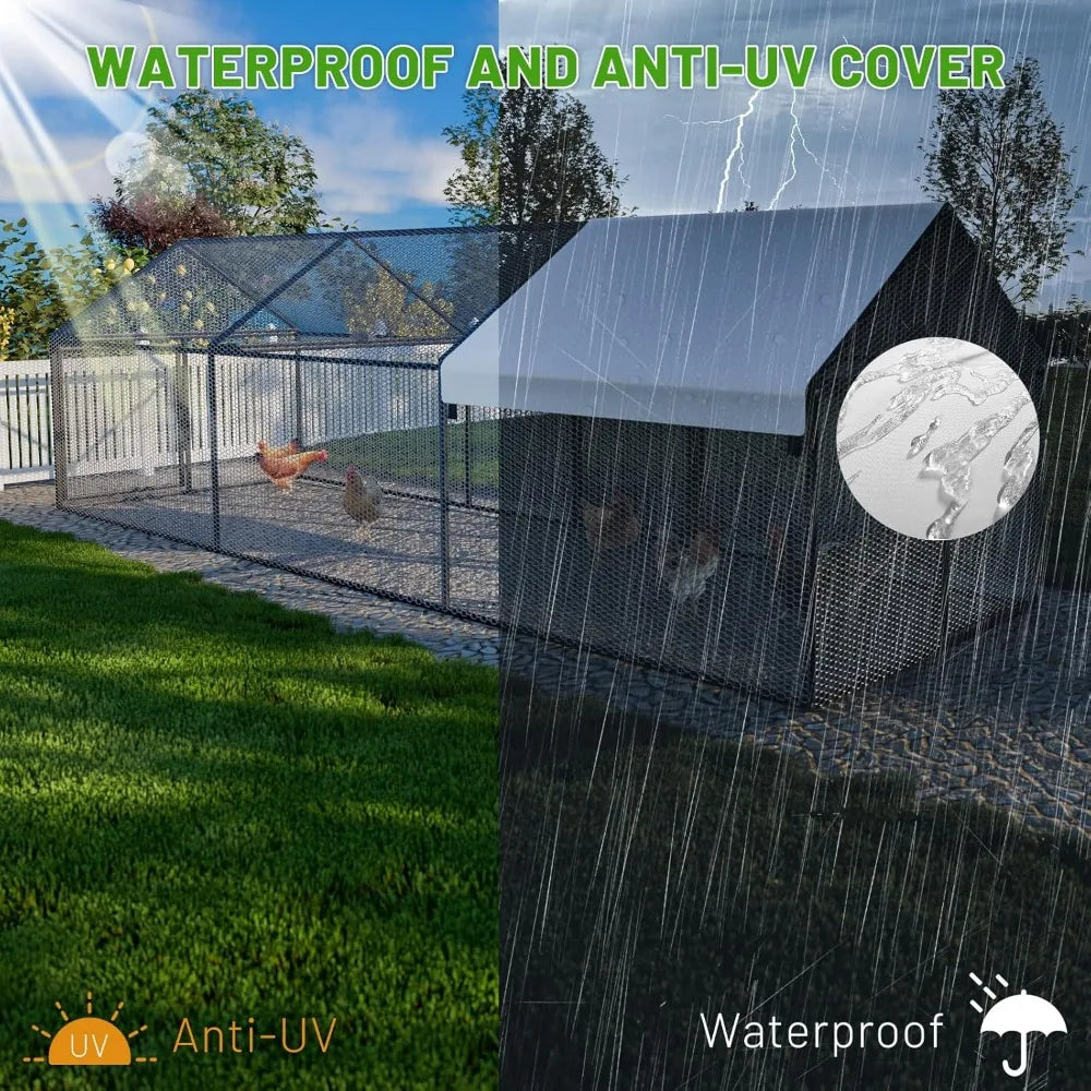 Metal Chicken Coop with Waterproof Cover, 118"x40"x40" Portable Poultry Cage, Outdoor Backyard Farm Walk-in Hen House for Chicke