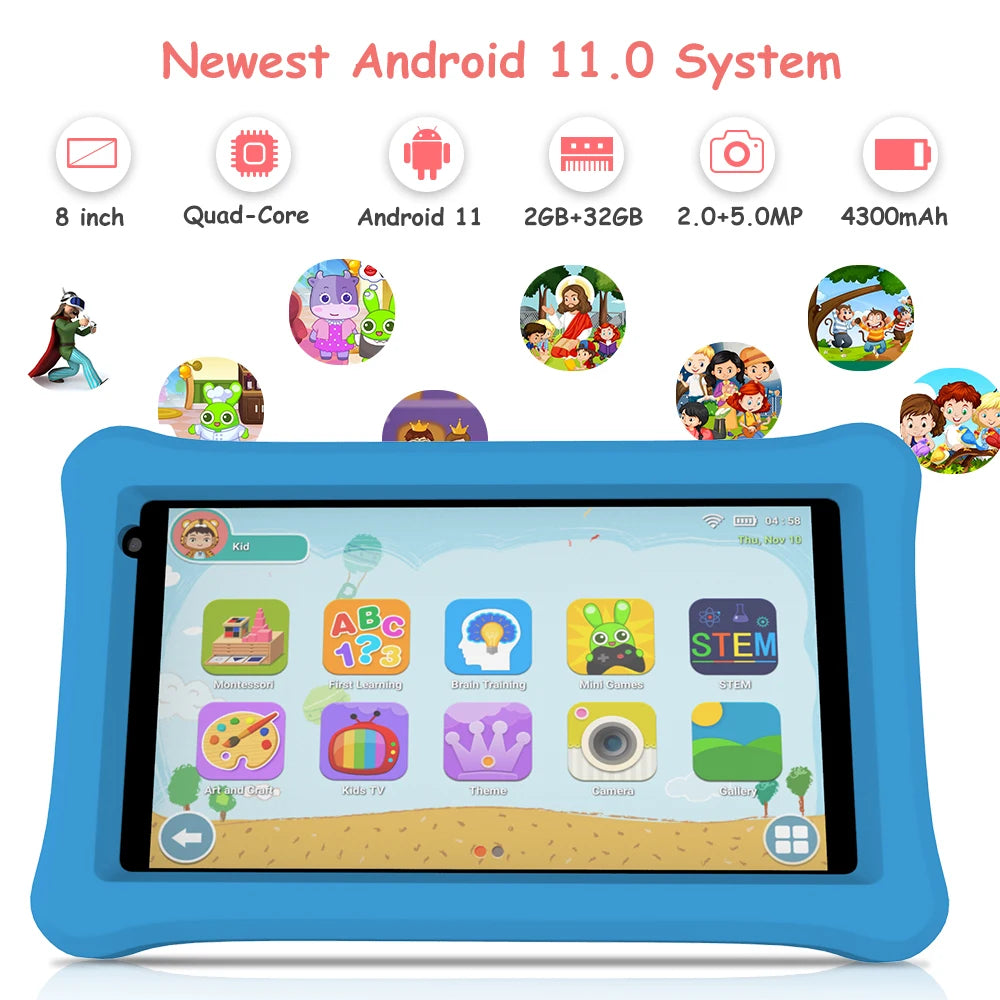 QPS 8 inch tablet android PC 4500mAh 2GB RAM 32GB ROM Children Learning kiddies tablets with Holder